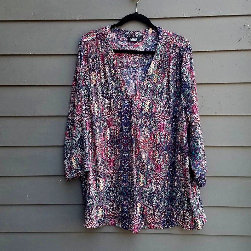 Ava Multi Color Peasant Tunic Blouse Sheer Size 2X